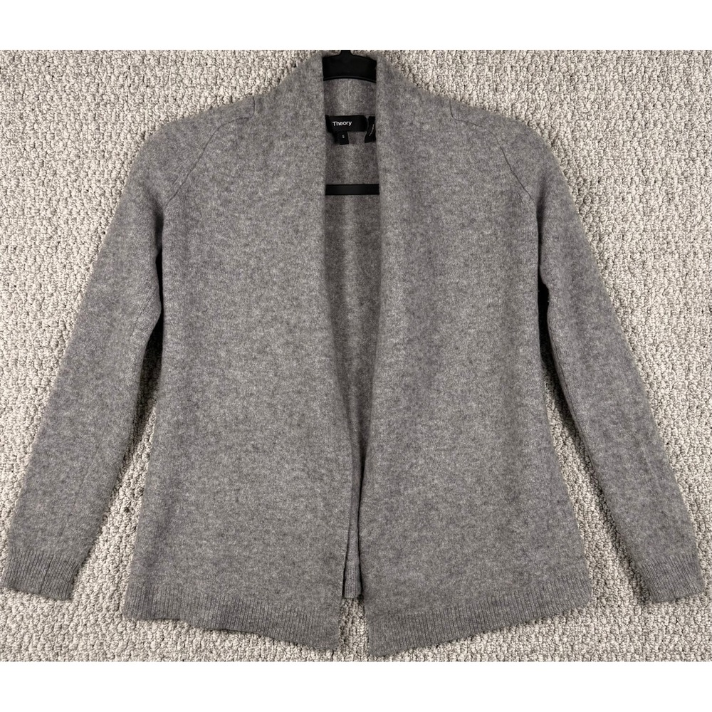 Theory Open Front Cardigan Sweater S Gray Wool Cashmere Blend Distressed Minimal